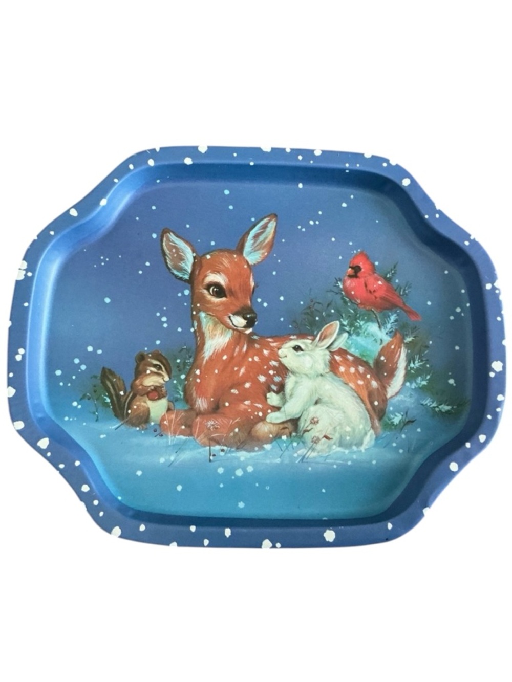 4 Giftco Vintage All Creatures Great Small Tin Snack Trays Deer Snow Blue 7.5"